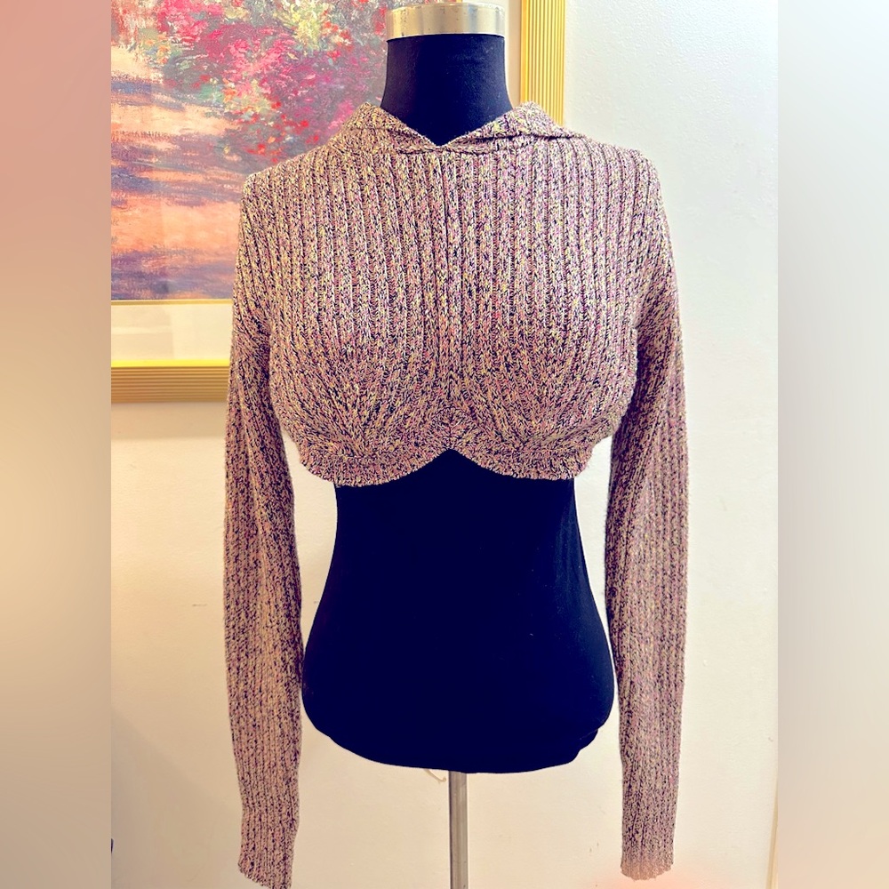 NWT ST JOHN Cropped Knit Hoodie Wool Sweater underwire Fall 2022 Sample? RARE S